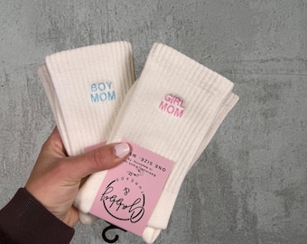 Boy Mom Socks, Girl Mom Socks, Cute Mom Grip Socks for Pilates, Barre, Lagree, Cozy Crew Socks, Motherhood Gift for Moms