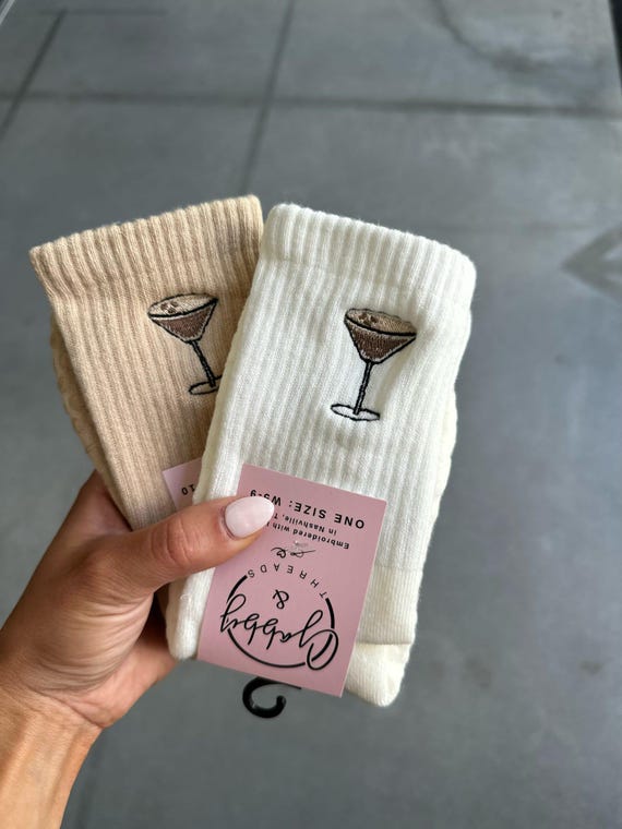 GRIP SOCKS Espresso Martini Embroidered - Pilates, Yoga, Barre, Lagree - Non-Slip, Trendy & Fun, Perfect for Your Workout or Lounge Time