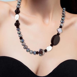 Elegant Peacock Pearl & Black Agate Necklace: 20-inch Handmade Statement Piece with Silver Clasp – Gift for Her, Mothers Day