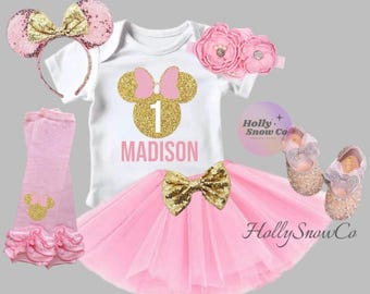 Traje de cumpleaños de ratón rosa y dorado, leotardo, tutú y diadema con orejas.