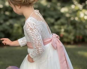 Ivory lace Boho Flower Girl Dress, White Rustic Wedding Dress, Bohemian flower girl, Lace flower girl proposal dresses full length white