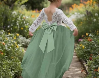 Sage Green Flower Girl Dress White Lace Long Sleeves dresses Tulle Birthday Party Gown