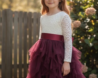 Wine Red Tulle Flower Girl Dress: Burgundy Lace Bodice, Long Sleeve Gown