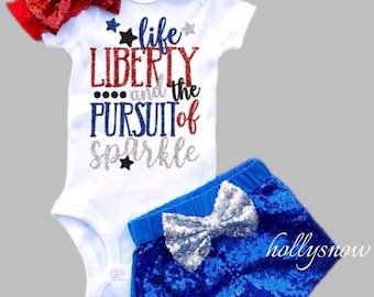 Baby Girl 4th of July Outfit: Monogrammed Romper, Sequin Shorts & Bow Headband