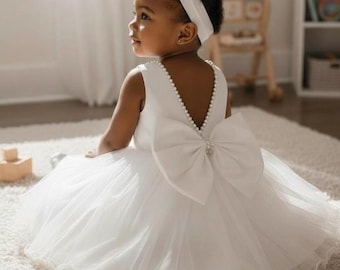 Elegante vestido color marfil con escote en V y largo hasta la rodilla de satén para boda, niña de las flores, cumpleaños, verano, otoño, bautismo, comunión.