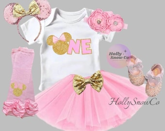Traje de cumpleañera rosa y dorado, traje de Minnie Mouse para cumpleañera, traje de un tutú, traje para niña de primer cumpleaños para aplastar pastel.