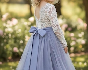 Blue tulle flower girl dress lace back steel blue toddler girl semi formal dress
