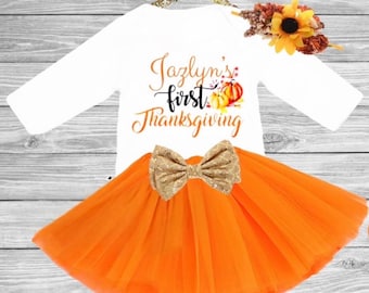 Personalized 1st Thanksgiving Outfit, Tutu Bodysuit, Glitter Bow