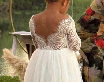 White Boho Flower Ivory Girl Dress, White Rustic Wedding Dress, Bohemian flower girl, Lace flower girl proposal dresses full length white