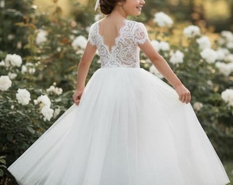 White Lace Flower Girl Dress, Vintage Rustic Communion Dress