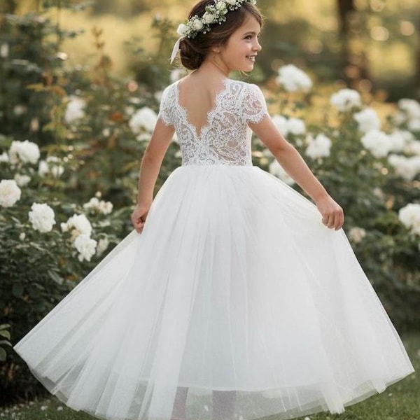 White Lace Flower Girl Dress, first Communion Dress girls V back lace tulle dress