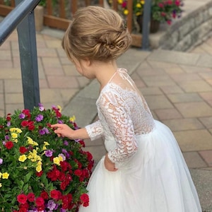 Tulle Flower Girl Dress, White Flower Girl Dress, White Flower Girl Dress, Rustic lace flower girl dress, Boho Flower Girl Dress