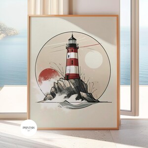 Roter Leuchtturm Wandbild - Modernes Ölgemälde, maritimes Poster, maritimes Wohndekor, digitaler Download