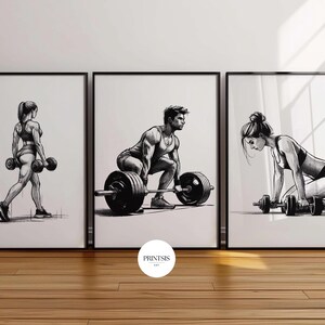 Set von 3 Fitness-Skizzen, Fitnessstudio-Wandkunst, minimalistisches Gewichtheben, Workout-Dekor, Bleistiftzeichnung, Zuhause & Fitnessstudio digitaler Download