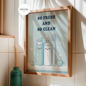 Decoración de pared para baño: «tan fresco y tan limpio» con cepillo y pasta de dientes en tonos azules, descarga digital.