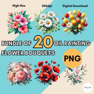 20 bouquets de fleurs peints à l'huile - Pivoine, rose, tulipe, tournesol, lavande, marguerite, pavot, hibiscus, lys et chrysanthème - Art numérique PNG