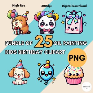 25 kawaii kinderverjaardag – olieverfschilderij capibara's, katten, honden, piñata's, pandaberen, ballonnen, taarten, feestmutsen, geschenken, cupcakes – png PNGEgg