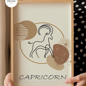 Capricorn digital print - Boho minimalist zodiac art in beige and brown - Modern horoscope wall decor