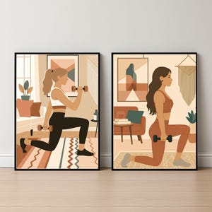 Set de 2 láminas fitness estilo boho – Arte minimalista para gimnasio en casa, decoración pared con mujeres entrenando con pesas
