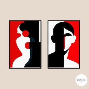 2er Set Abstrakte Poster Mann und Frau – Minimalistische rot schwarze Kunst – Moderne Wanddekoration für Schlafzimmer oder Wohnzimmer – Paar Poster zum Ausdrucken