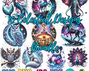 Celestial Galaxy Mythical Animal Sticker Sublimation Wall Art Bundle - 10 PNG JPG SVG & pdf files on Google Drive and Canva Template Access