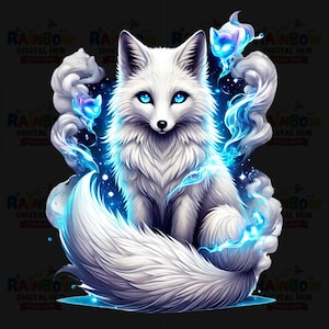 May include: A white fox with blue eyes sits with its tail curled around its body. The fox is surrounded by blue glowing smoke.