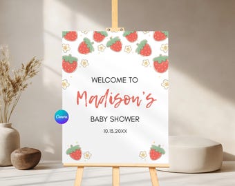 Strawberry Baby Shower Welcome Sign | Editable A Berry Sweet Baby Theme | Baby Shower Decor | Printable Girl Baby Shower Themed Poster