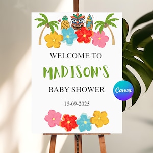Letrero de bienvenida editable para baby shower de luau hawaiano / Decoración imprimible para fiesta de cumpleaños / Plantilla de letrero para fiesta tropical Aloha / Letrero de bienvenida divertido para fiesta