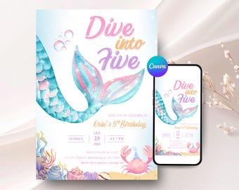 Dive Into Five 5th Birthday Mermaid Invitation | Editable Mermaid Bash Under the Sea Invite | Splish Splash Party | Pink Blue B-day Invite