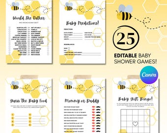 Peut inclure: Six jeux de baby shower avec un motif en nid d'abeille jaune et blanc, avec des illustrations d'abeilles. Les jeux incluent "Would She Rather", "Baby Predictions", "Guess The Baby Food", "Mommy or Daddy" et "Baby Gift Bingo". Le texte indique "25 Jeux de Baby Shower Modifiables!"