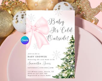 Winter Pink Bow Baby Shower Invitation | Baby It's Cold Outside | Christmas Tree | Santa Baby | Invite Template | Editable & Printable