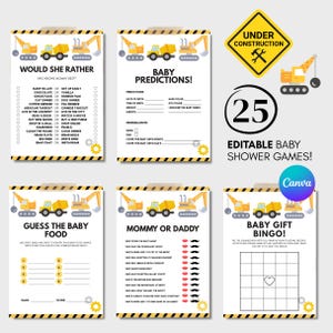 May include: A set of printable baby shower games with a construction theme. Games include "Would She Rather," "Baby Predictions," "Guess the Baby Food," "Mommy or Daddy," and "Baby Gift Bingo." Each game features yellow construction vehicles.