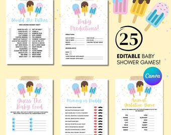 Può includere: Una collezione di giochi per baby shower, tra cui "Would She Rather", "Baby Predictions", "Guess the Baby Food", "Mommy or Daddy" e "Animal Gestation Game". Ogni gioco presenta grafiche di ghiaccioli colorati ed è facile da modificare.