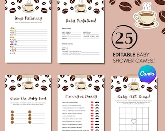 Paquete de juegos editables para baby shower "Bebé: Se avecina un bebé" / Paquete imprimible / Tema de café / Nueva mamá / Juegos para revelar el género / Fiesta divertida