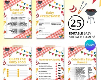 May include: A collection of six printable baby shower games with a picnic theme. Games include "Would She Rather," "Baby Predictions," "Guess The Baby Food," "Mommy or Daddy," and "Celebrity Baby Names." The games are editable and designed with a red and white checkered background.
