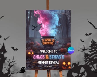 May include: A Halloween-themed gender reveal sign featuring a cauldron with pink and blue smoke, the text "A Baby is Brewing," and the names Chloe & Ethan. The sign includes glowing pumpkins and bats.