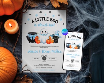 Halloween Themed Baby Shower Invitation | A Little Boo Is Almost Due |  Printable Editable Invite | Cute Boy Theme | Coquette Bows | E-vite
