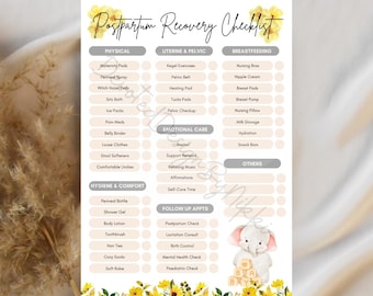 May include: A printable postpartum recovery checklist with a light yellow background and a floral design. The checklist is divided into sections for physical, uterine & pelvic, breastfeeding, emotional care, hygiene & comfort, follow up appts, and others. Each section has a list of items to check off. The checklist also features a cute illustration of a grey elephant with a pink nose and ears.
