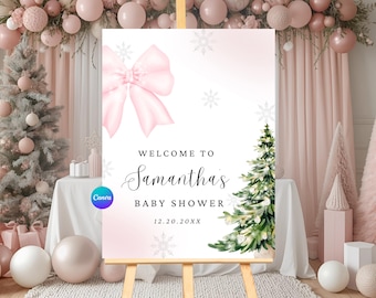 Winter Pink Bow Baby Shower Welcome Sign | | Baby It's Cold Outside | Christmas Tree | Santa Baby | Poster Template | Editable & Printable