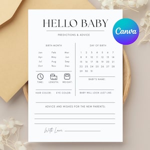 Modèle personnalisé de prédictions et de conseils pour une baby shower minimaliste | Prédictions classiques pour bébé | Jeu de prédictions instantanées modifiable