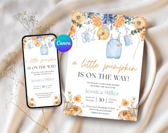 Editable Little Pumpkin Baby Shower Invitation | It’s a Boy Fall Clothes Theme | Halloween Blue Floral Fall Baby Shower Invite | E-invite
