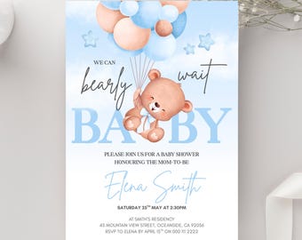 Editable Bear Balloon Baby Shower Invitation | We Can Bearly Wait Baby Shower Invite | Blue Boy | Boho Bear Baby Shower