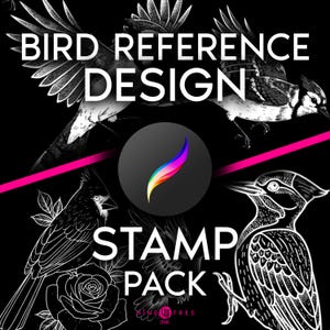 May include: A black and white digital stamp pack featuring bird illustrations. The pack includes a cardinal, a woodpecker, and a blue jay. The text "Bird Reference Design Stamp Pack" is displayed on the image.