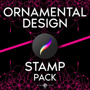 Może przedstawiać: Czarno-białe zdjęcie z różowymi wzorami kwiatowymi. Tekst "ORNAMENTAL DESIGN STAMP PACK" jest biały. Czarne koło z tęczowym pociągnięciem pędzla znajduje się w środku obrazu. Tekst "NINE INK TREES" znajduje się na dole obrazu.