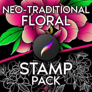 May include: A digital stamp pack featuring neo-traditional floral designs. The pack includes a variety of pink and white flowers with black outlines. The text "NEO-TRADITIONAL FLORAL STAMP PACK" is displayed in white on a black background.