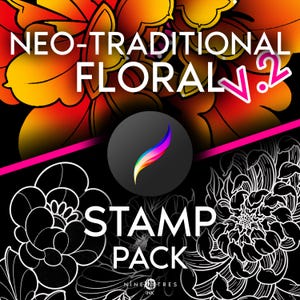 以下が含まれることがあります： ネオトラディショナルな花のデザインが特徴のデジタルスタンプパック。パックには、黒の背景に白黒の線画で描かれた花のイラストが含まれています。テキスト「NEO-TRADITIONAL FLORAL V.2 STAMP PACK」は、黒の背景に白で表示されています。