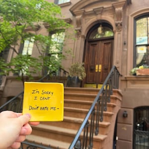 May include: A yellow square ceramic dish with the handwritten text "I'M SORRY I CAN'T DON'T HATE ME-" is held in front of a brownstone building with a wooden door and black railing. The building has multiple windows and a tree.
