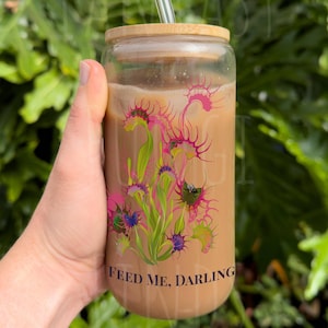 Feed Me Darling Venus Flytraps Glass Tumbler, Earthy Cup with Carnivorous Plants, Plant Lover Gift, Botanical Drinkware, Goblincore mug