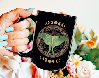 Luna Moth Coffee Mug, Witchy Moon Phase Ceramic Mug