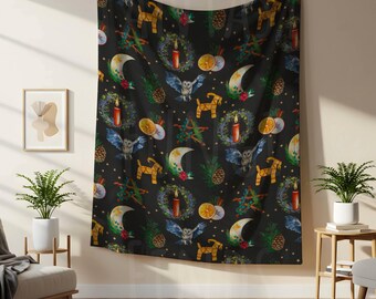 Yule Blanket, Witchy Winter Solstice Throw, Nordic Yuletide Decor, Pagan Christmas Gifts, Cozy Cottagecore Throws, Owl and Moon Blankets
